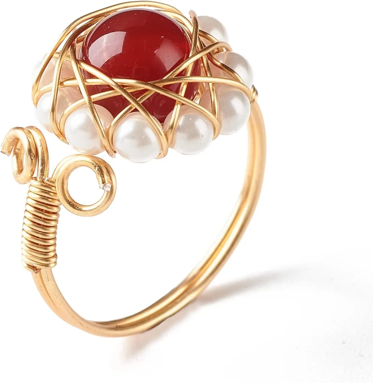 5pcs Open Gemstone Finger Ring with Shell Pearl Beads Brass Wire Wrap Natural Mixed Round Gemstone Finger Rings Adjustable Created Rings for Women