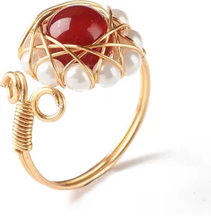 5pcs Open Gemstone Finger Ring with Shell Pearl Beads Brass Wire Wrap Natural Mixed Round Gemstone Finger Rings Adjustable Created Rings for Women