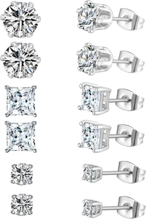 6 Pairs Stud Earrings,14K Gold Plated Round Square Hypoallergenic Cubic Zirconia Earrings