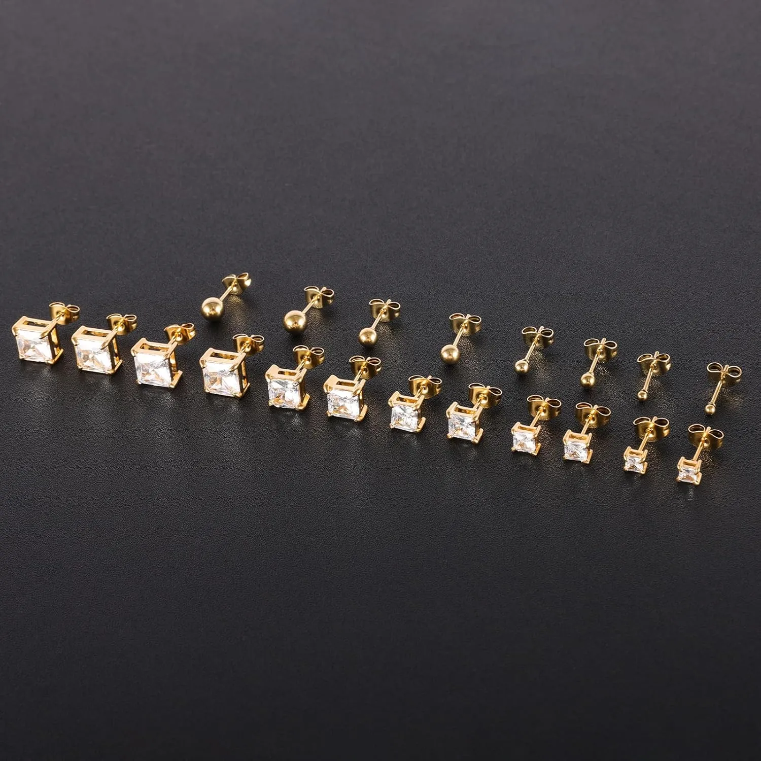 6 Pairs Surgical Stainless Steel Cubic Zirconia Stud Earrings Set, 18K Gold Plated Round Square Princess Cut Clear CZ Stud Earrings for Women