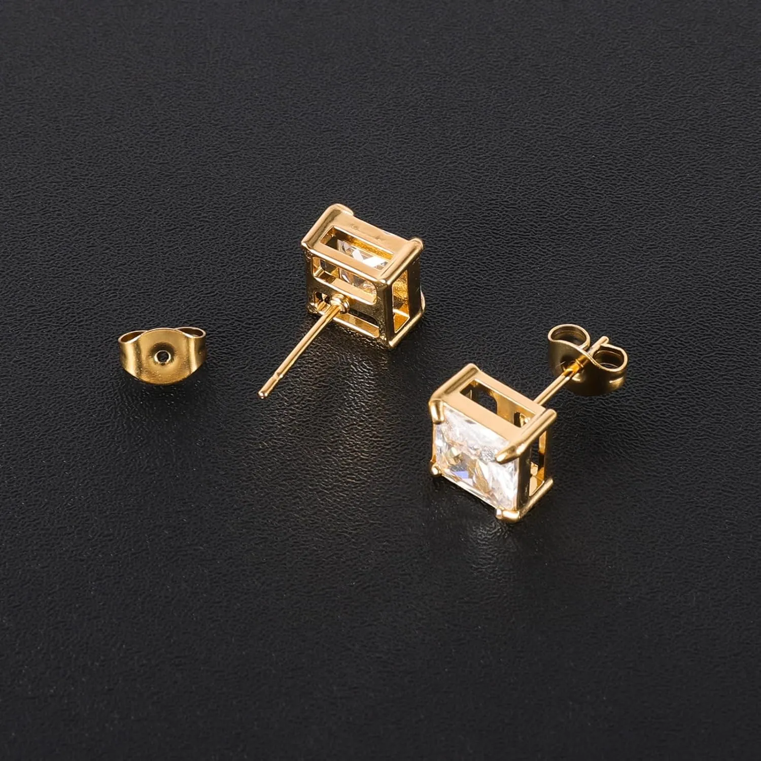 6 Pairs Surgical Stainless Steel Cubic Zirconia Stud Earrings Set, 18K Gold Plated Round Square Princess Cut Clear CZ Stud Earrings for Women