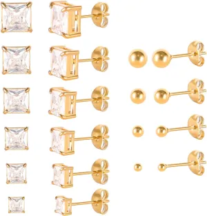 6 Pairs Surgical Stainless Steel Cubic Zirconia Stud Earrings Set, 18K Gold Plated Round Square Princess Cut Clear CZ Stud Earrings for Women