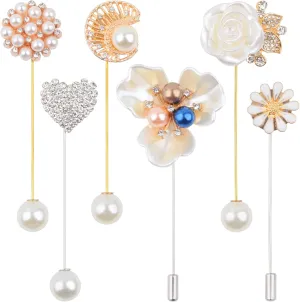 6 Pieces Pearl Brooch Pins Mixed Rose Daisy Flower Heart Rhinestone Pearl Brooches Suit Shirt Lapel Pins for Men Women Coat Collar Dresses, 6 Styles