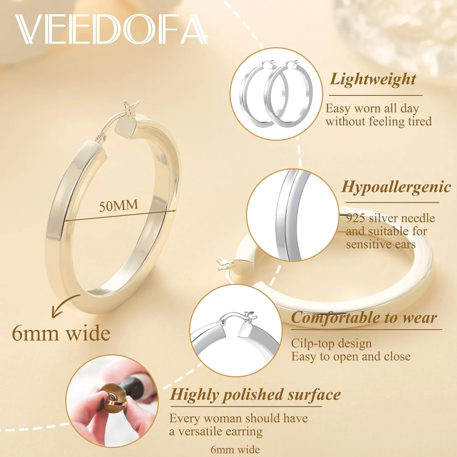 6mm Wide Large Square Tube Hoop Earrings for Women Hypoallergenic Big Chunky 14K Gold Plated Hoops with 925 Sterling Silver Posts Lightweight Thick Hoop Earrings for Women Trendy 30/40/50/60mm