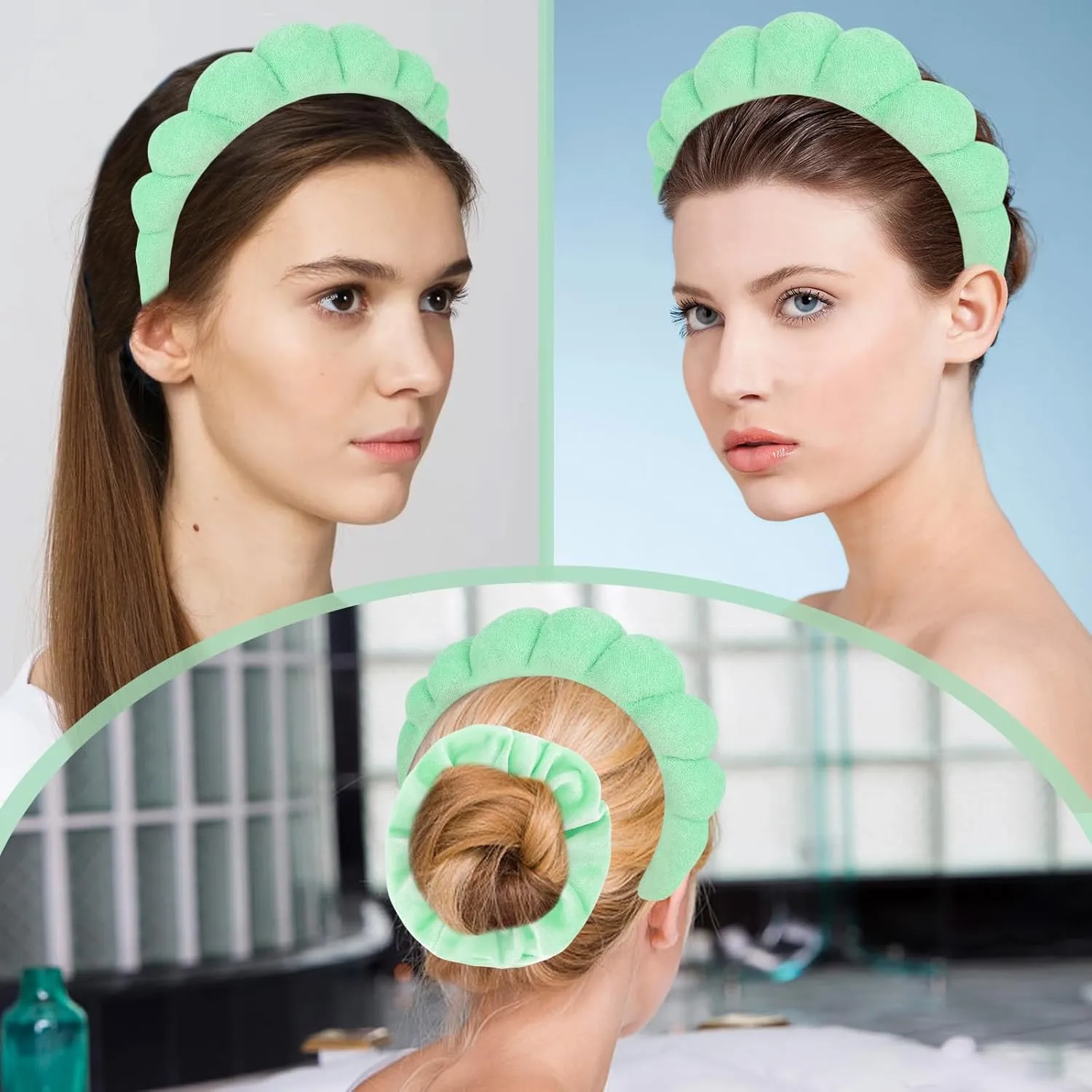 7Pc Puffy Terry Cloth Spa Headband and Wristband Set for Skincare, Washing Face, Scrunchies, Powder Puffs, Sponge, Makeup, Removal-Green