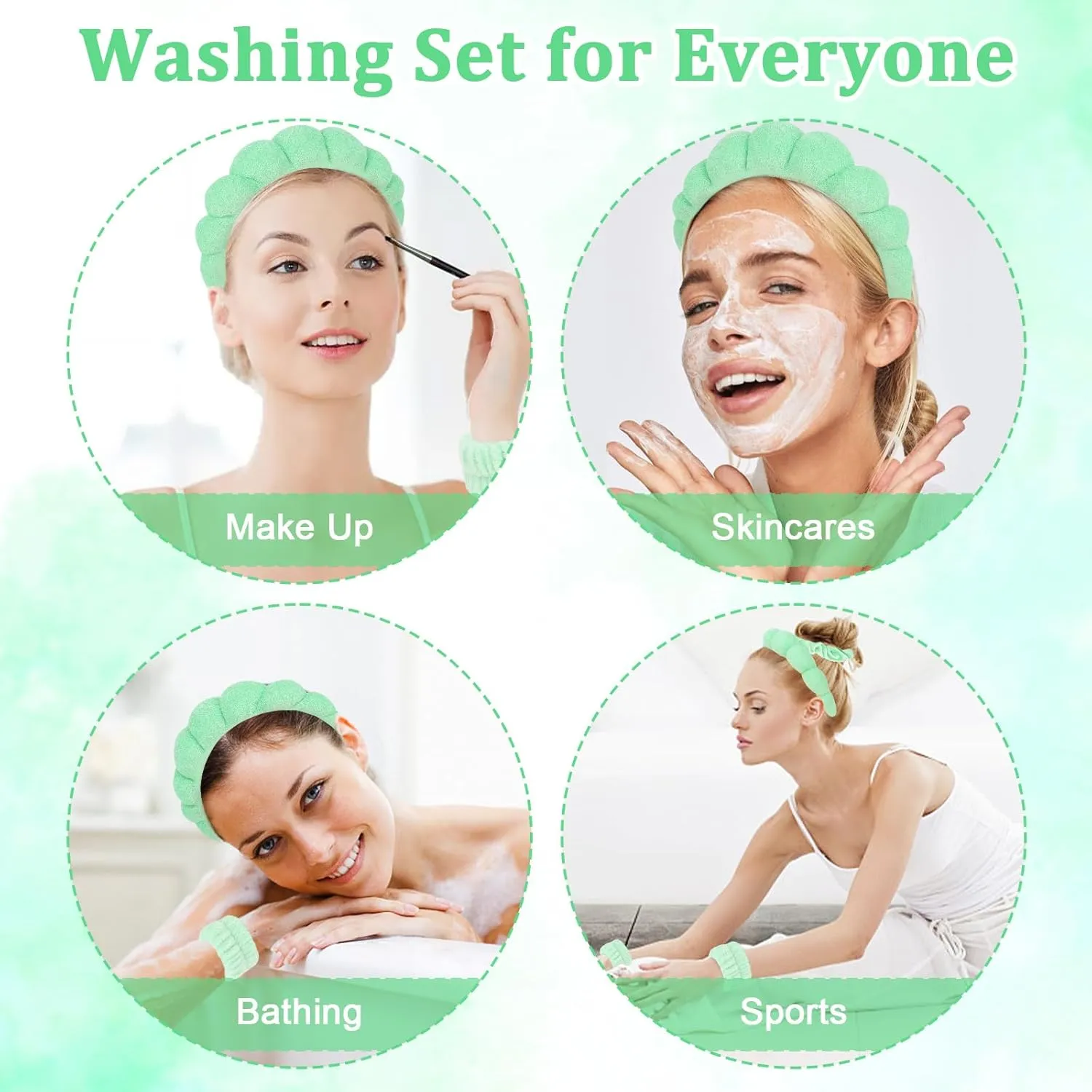 7Pc Puffy Terry Cloth Spa Headband and Wristband Set for Skincare, Washing Face, Scrunchies, Powder Puffs, Sponge, Makeup, Removal-Green