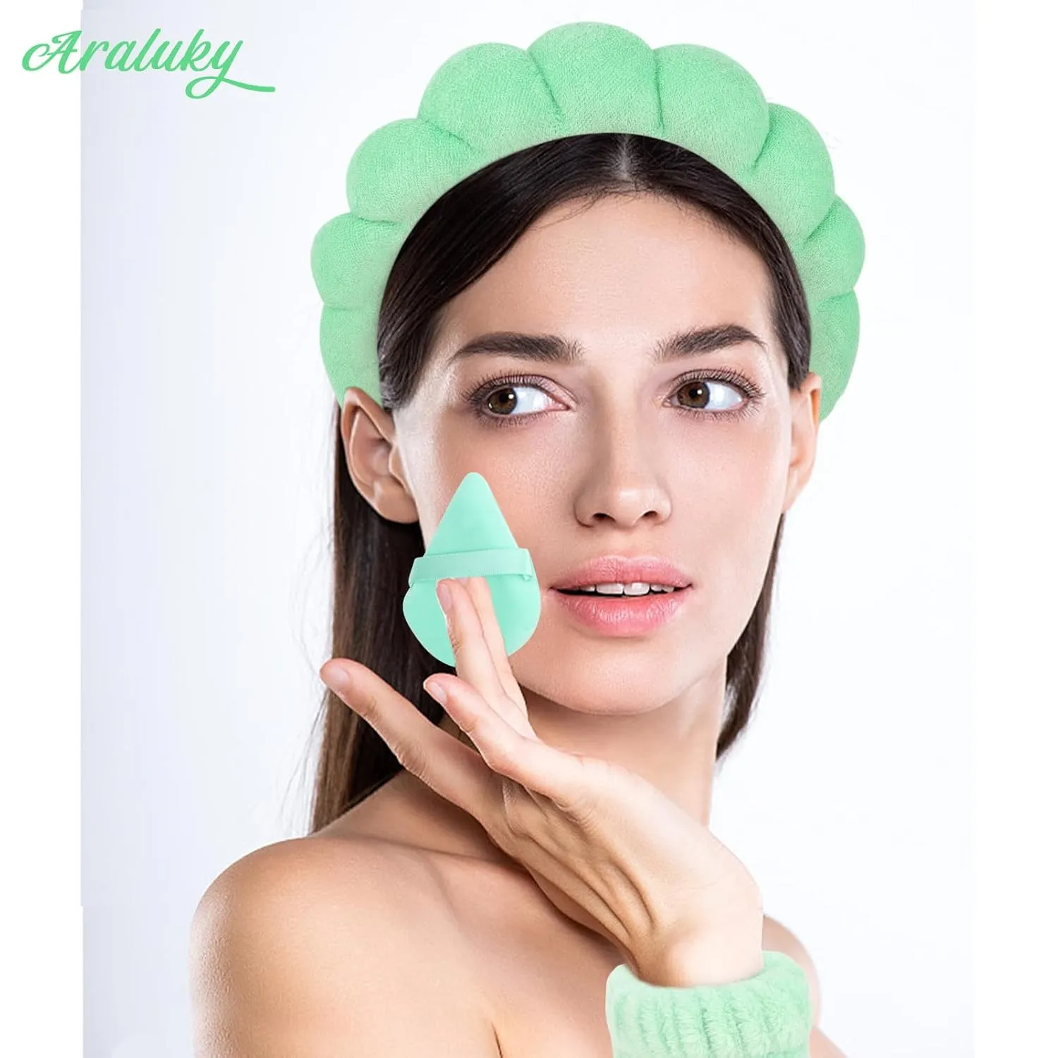 7Pc Puffy Terry Cloth Spa Headband and Wristband Set for Skincare, Washing Face, Scrunchies, Powder Puffs, Sponge, Makeup, Removal-Green