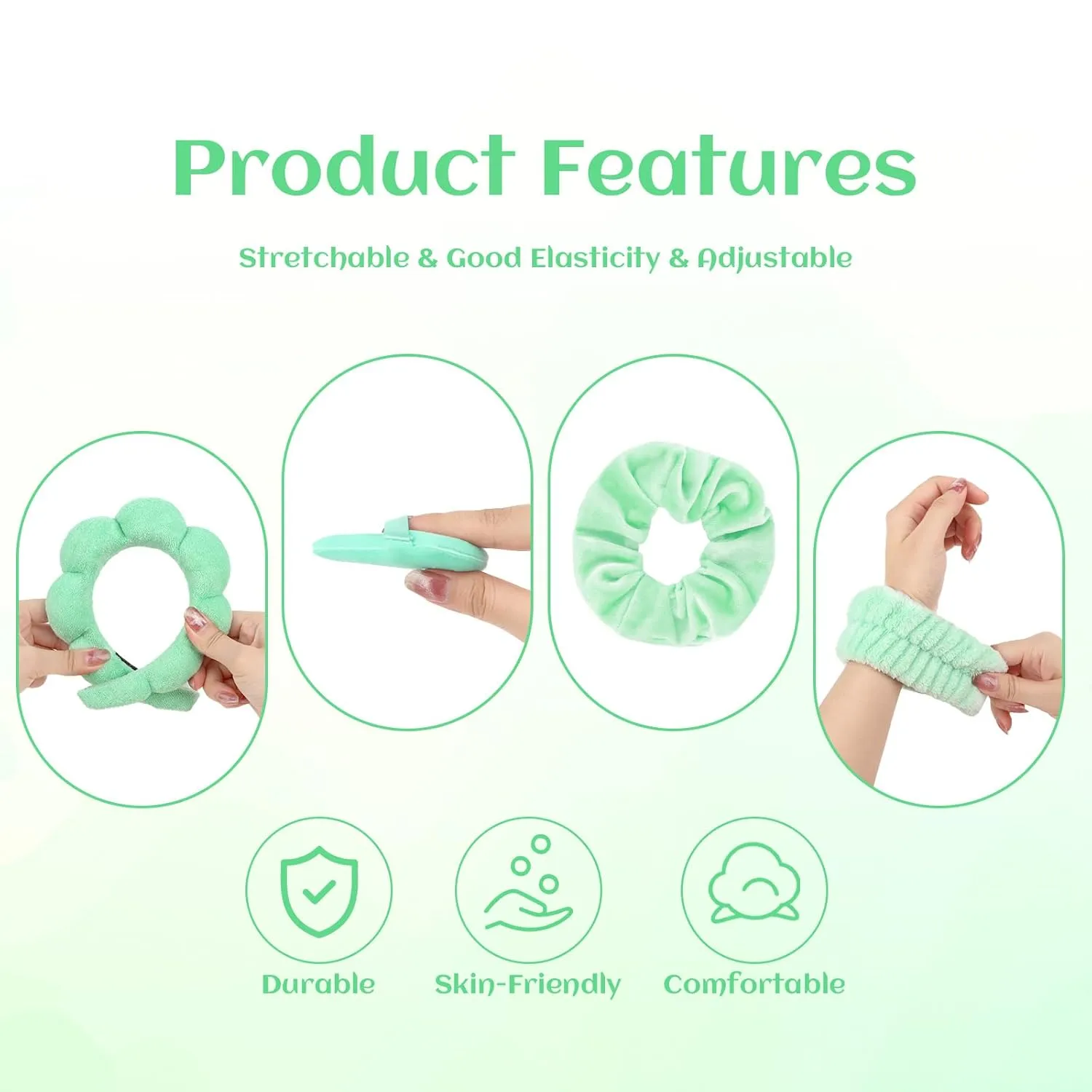 7Pc Puffy Terry Cloth Spa Headband and Wristband Set for Skincare, Washing Face, Scrunchies, Powder Puffs, Sponge, Makeup, Removal-Green