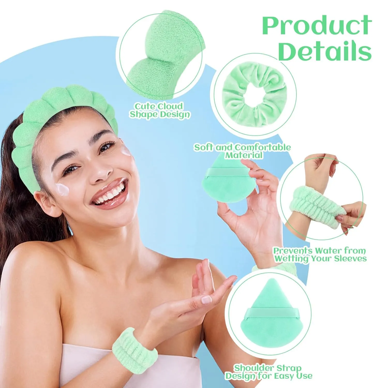 7Pc Puffy Terry Cloth Spa Headband and Wristband Set for Skincare, Washing Face, Scrunchies, Powder Puffs, Sponge, Makeup, Removal-Green