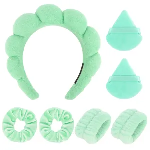 7Pc Puffy Terry Cloth Spa Headband and Wristband Set for Skincare, Washing Face, Scrunchies, Powder Puffs, Sponge, Makeup, Removal-Green