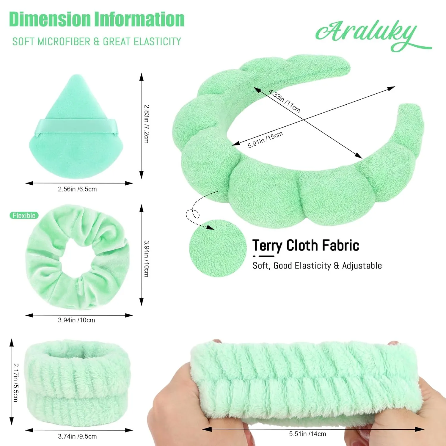 7Pc Puffy Terry Cloth Spa Headband and Wristband Set for Skincare, Washing Face, Scrunchies, Powder Puffs, Sponge, Makeup, Removal-Green