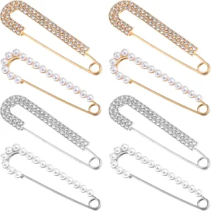 8 Pcs Brooch Pins, Peal Decorative Safety Pins Sweater Shawl Clips Brooch Safety Pin for Clothing Dress Pants Skirt Cardigan Collar Faux Pearl Rhinestones Brooches for Womens Pants Extender