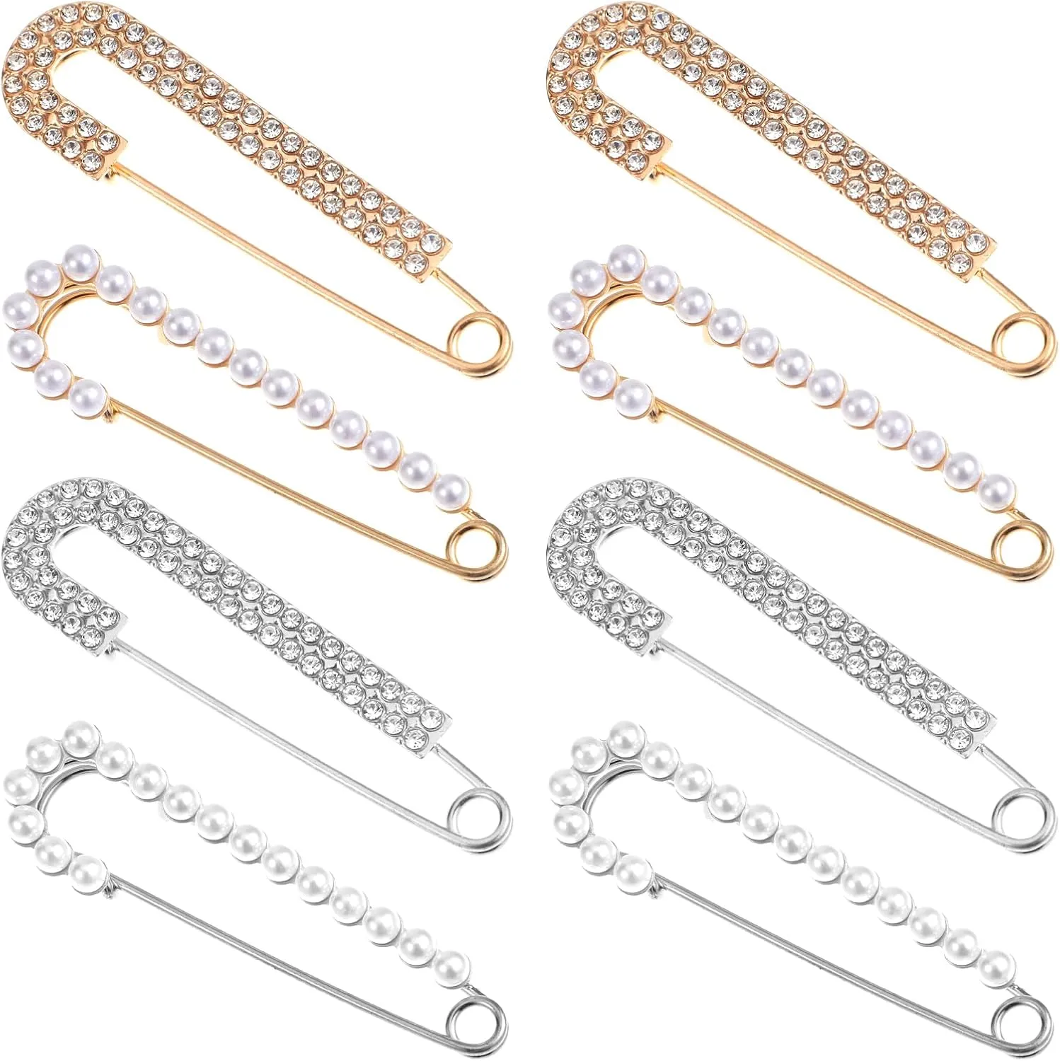 8 Pcs Brooch Pins, Peal Decorative Safety Pins Sweater Shawl Clips Brooch Safety Pin for Clothing Dress Pants Skirt Cardigan Collar Faux Pearl Rhinestones Brooches for Womens Pants Extender