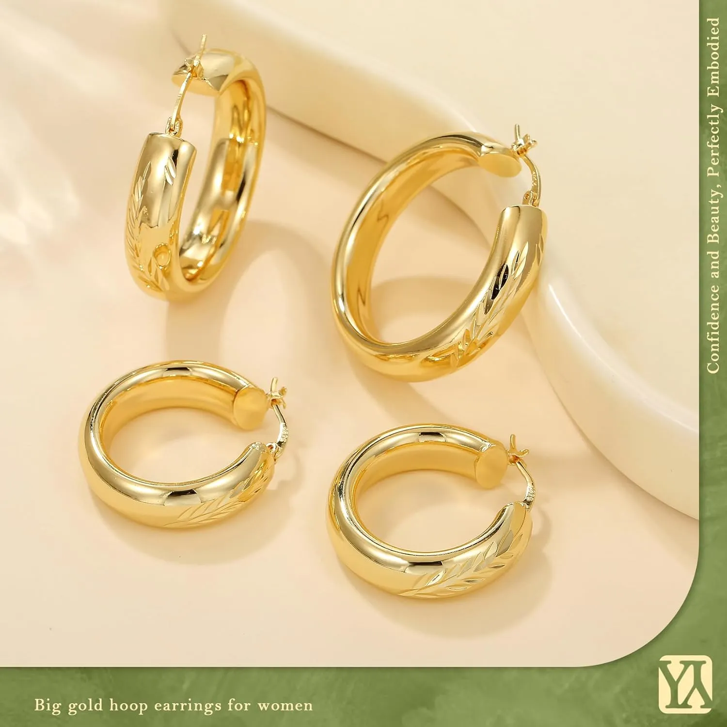 8mm Wide Chunky Gold Hoops 14K Real Gold Plated Hypoallergenic 925 Sterling Silver Hoops Lightweight Big Gold Hoop Earrings for Women 30/40/50/60mm
