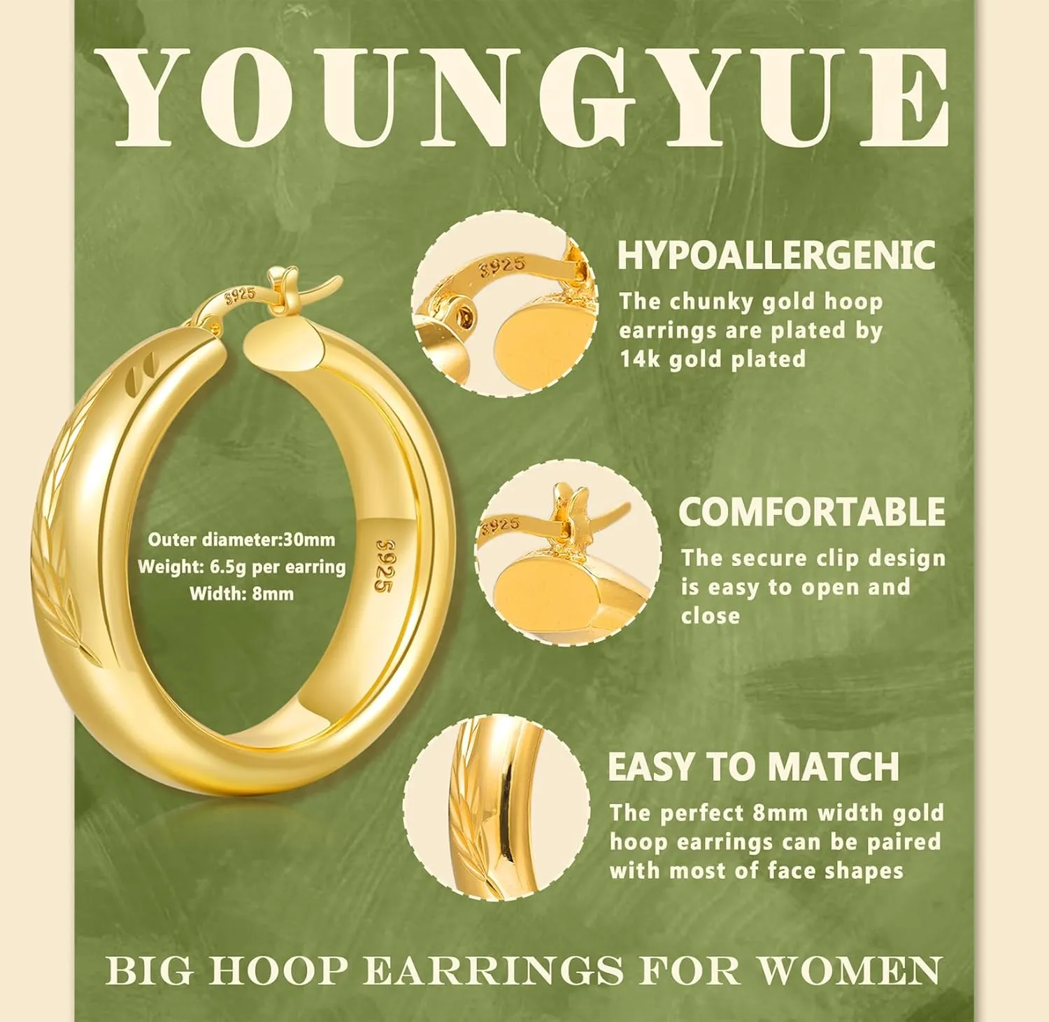8mm Wide Chunky Gold Hoops 14K Real Gold Plated Hypoallergenic 925 Sterling Silver Hoops Lightweight Big Gold Hoop Earrings for Women 30/40/50/60mm