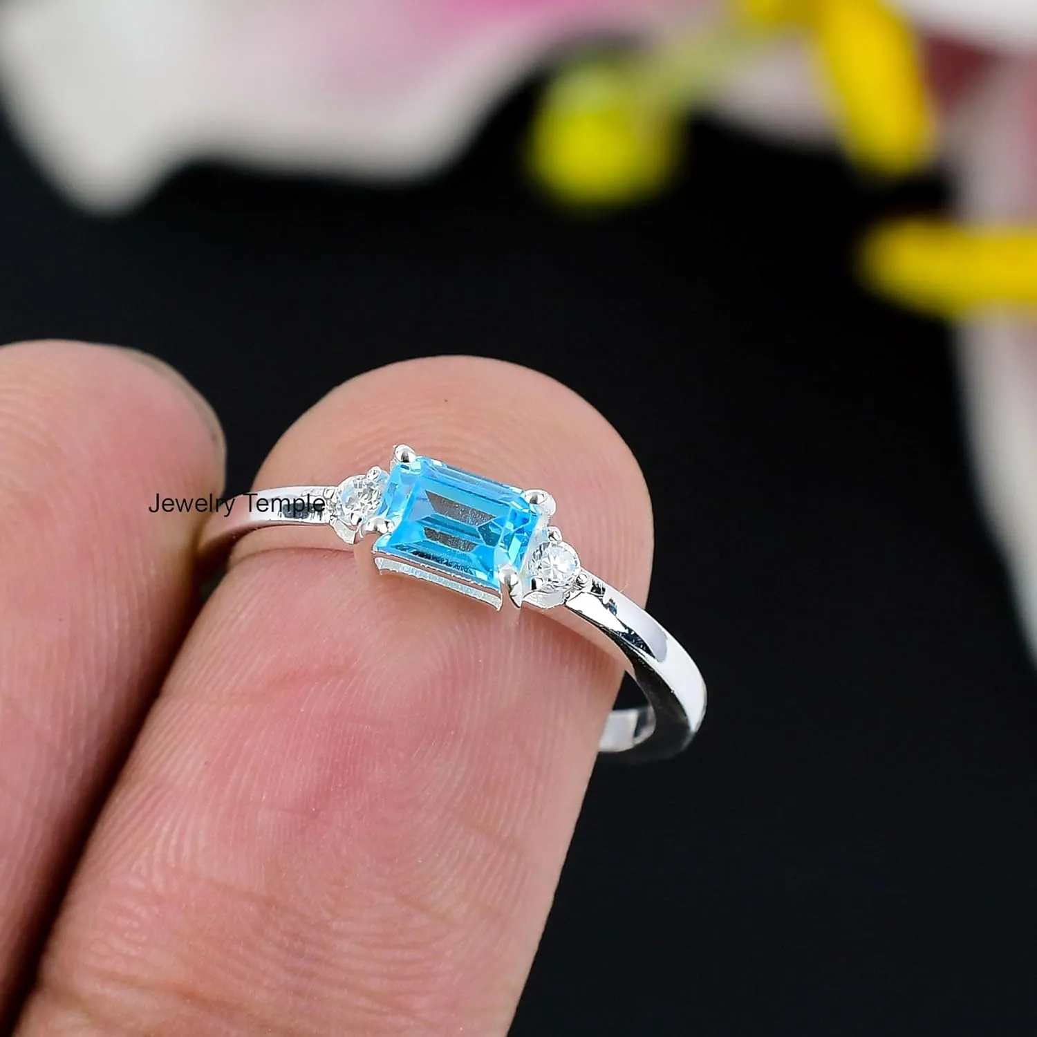 925 Solid Silver Band | Blue Topaz Gemstone Stacking Stackable Statement Rings For Men & Women | Midi Radiant Ring | Best Gifts For Christmas (14k Yellow Gold Plated, 5)