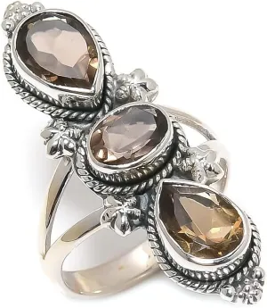 925 Sterling Silver Adjustable Ring - 3 Gemstones Unique Handmade Ring for Women, Statement Jewelry Gift for Her