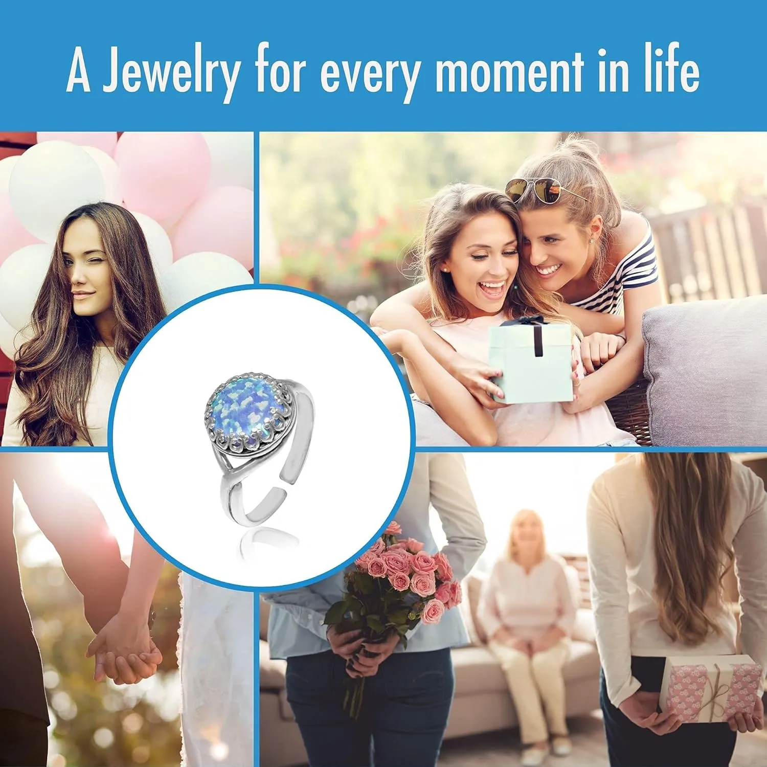 925 Sterling Silver Blue Opal Rings for Women - Anniversary Rings for Women - Sterling Silver Rings for Women - Dainty Sterling Silver Rings - Sterling Silver Opal Ring - Anniversary Bands