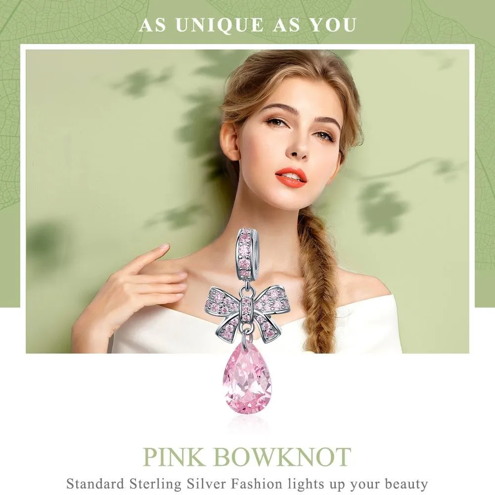 925 Sterling Silver Diy Pink Zircon Pendant With Bow