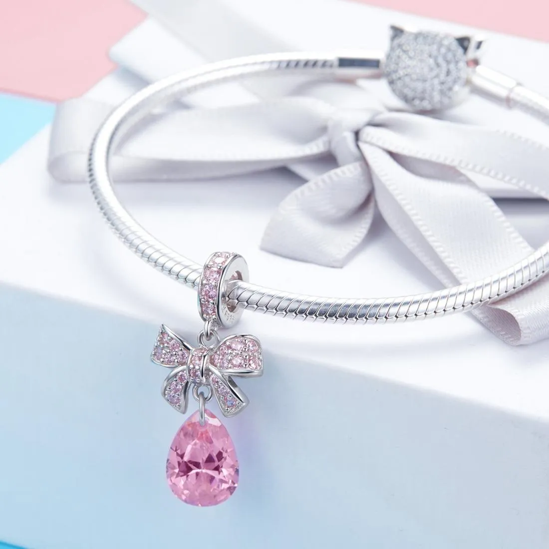 925 Sterling Silver Diy Pink Zircon Pendant With Bow