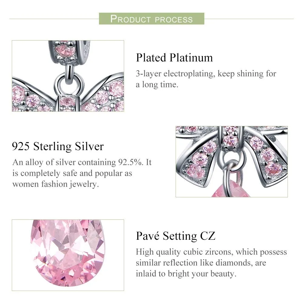 925 Sterling Silver Diy Pink Zircon Pendant With Bow