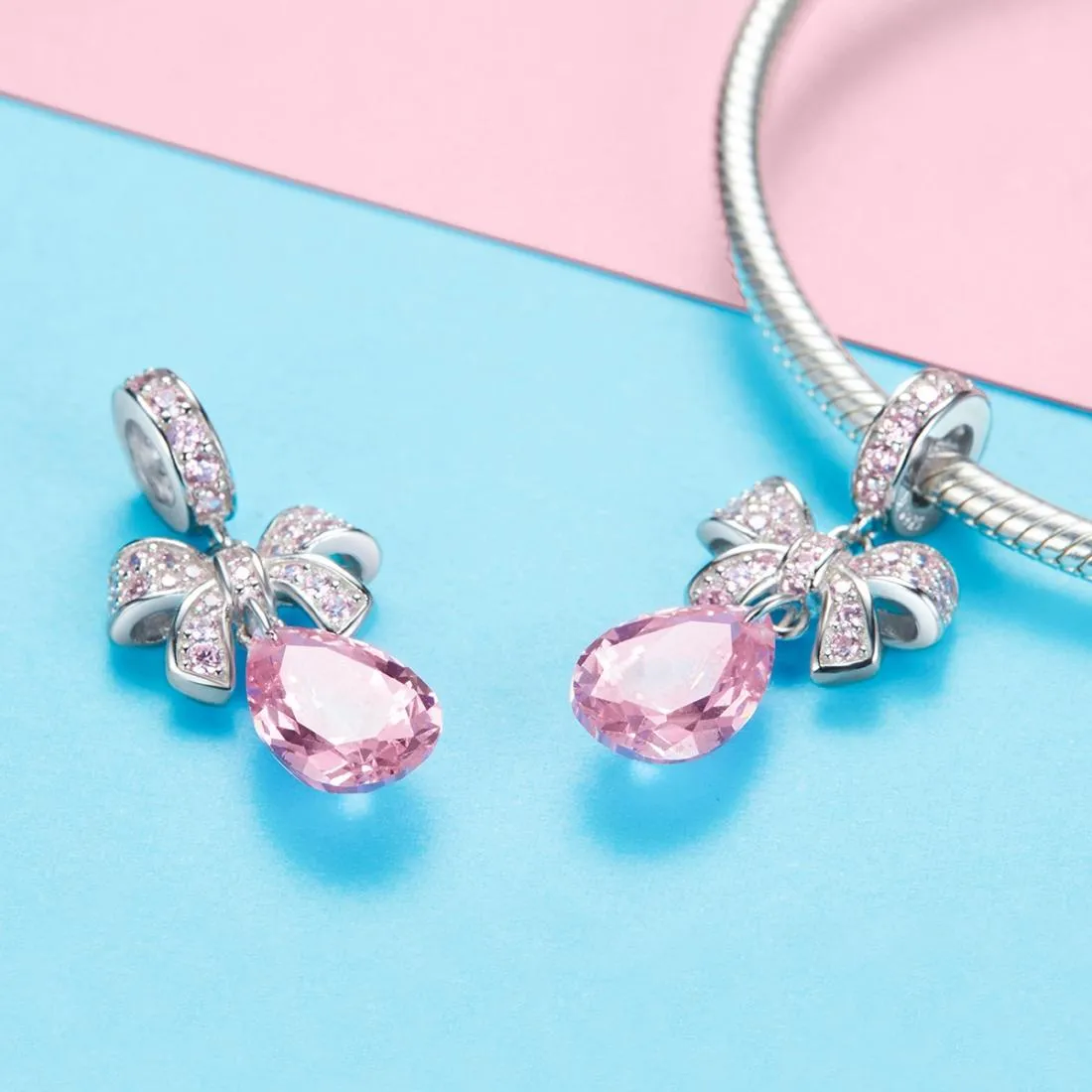 925 Sterling Silver Diy Pink Zircon Pendant With Bow