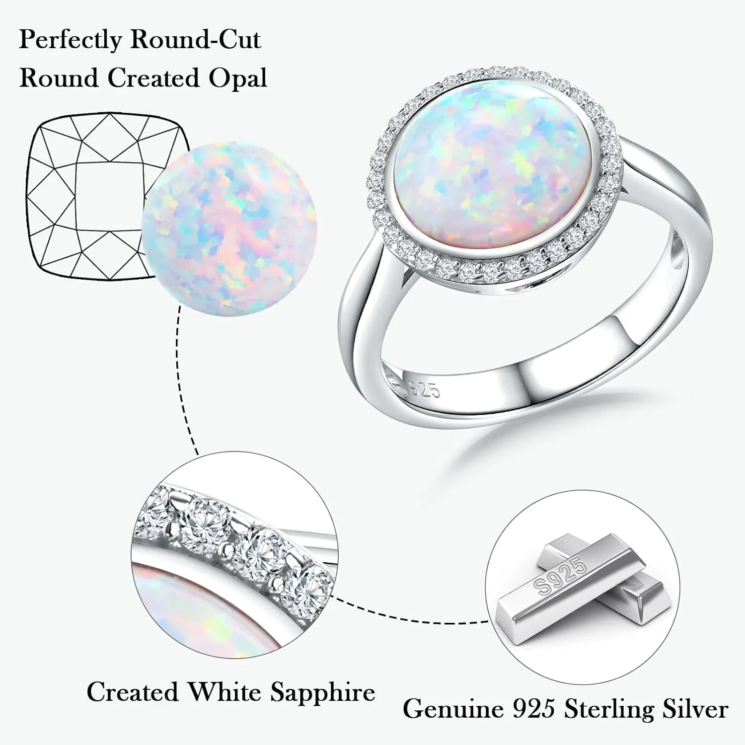 925 Sterling Silver Halo Engagement Wedding Ring Cushion/Triangle/Round Shaped Opal Turquoise Sapphire Gemstone Ring Fashion Jewelry Gift for Women Girls Size 6 to 10