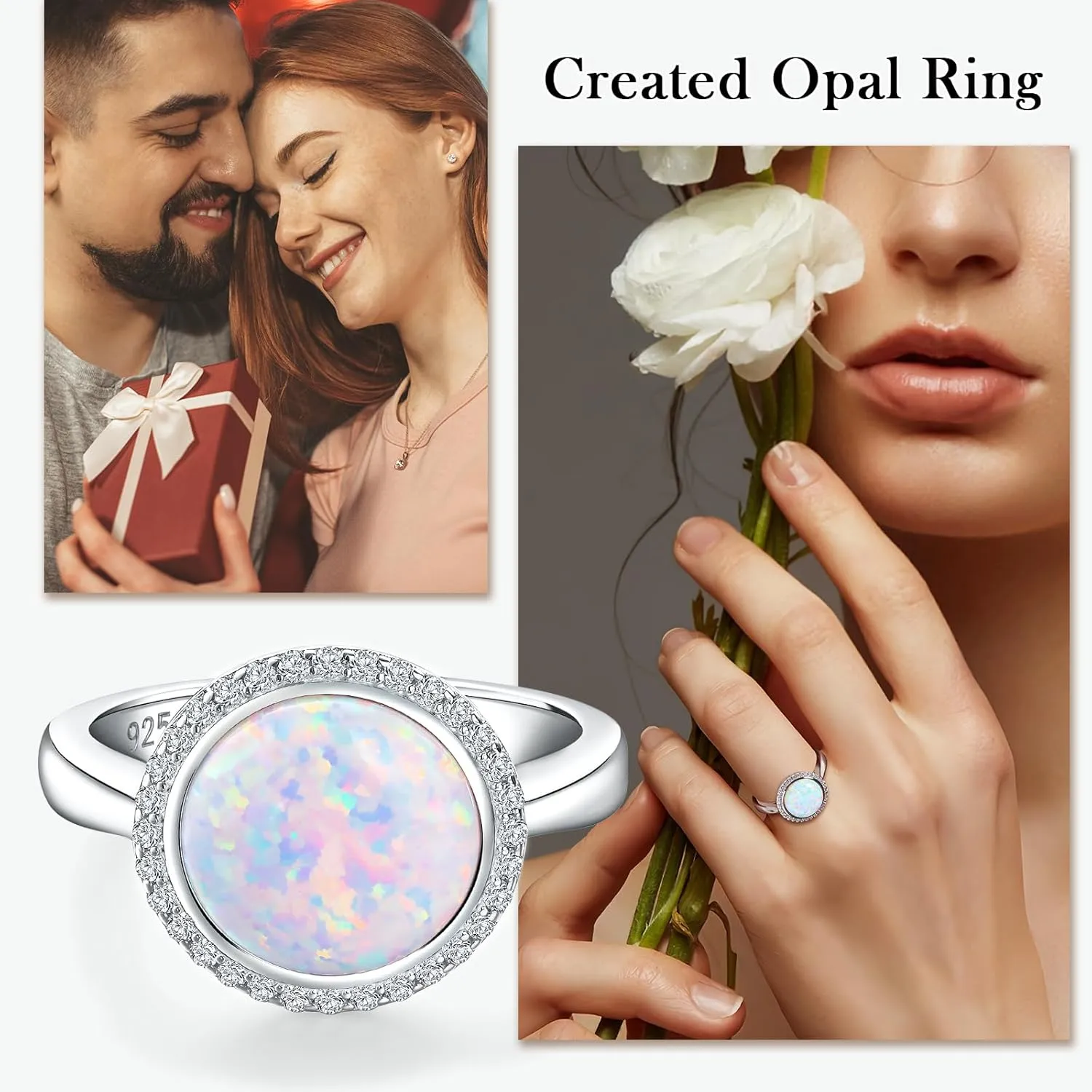 925 Sterling Silver Halo Engagement Wedding Ring Cushion/Triangle/Round Shaped Opal Turquoise Sapphire Gemstone Ring Fashion Jewelry Gift for Women Girls Size 6 to 10