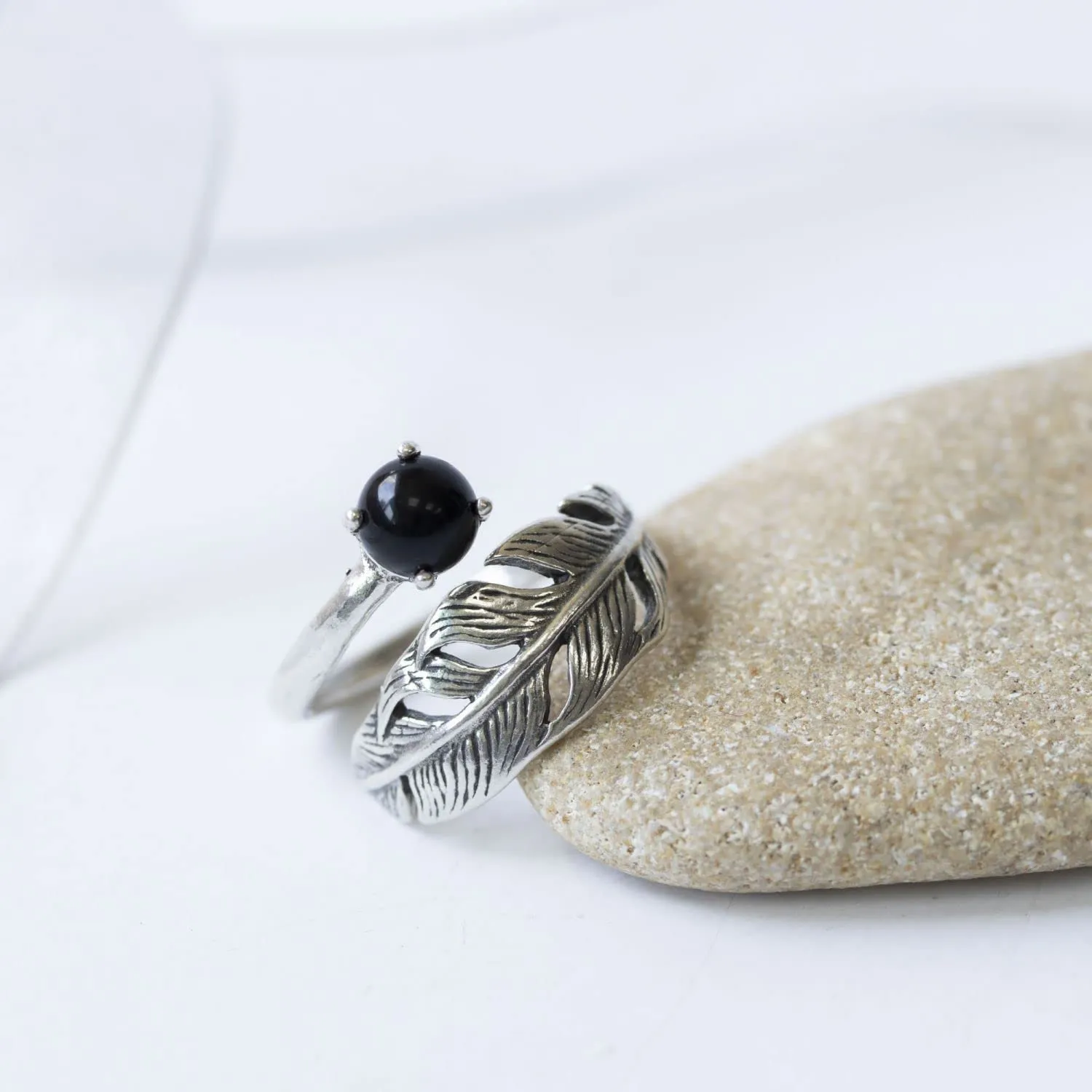 925 Sterling Silver Onyx Bypass Rings - Feather Ring - Anniversary Rings for Women - Sterling Silver Rings for Women - Statement Rings for Women - Onyx Rings for Women