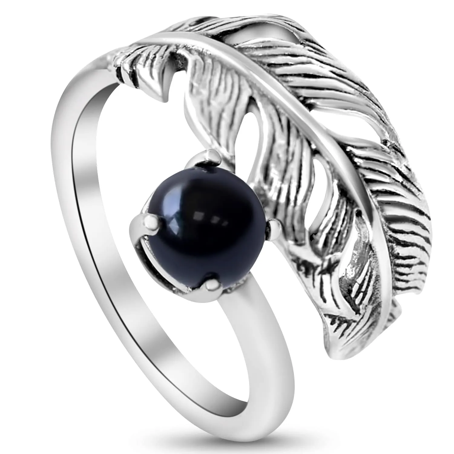 925 Sterling Silver Onyx Bypass Rings - Feather Ring - Anniversary Rings for Women - Sterling Silver Rings for Women - Statement Rings for Women - Onyx Rings for Women