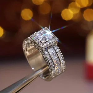 925 Sterling Silver Shiny Full Diamond Gemstone Ring Cubic Zirconia Rings CZ Diamond Multi Row Ring Eternity Engagement Wedding Band Ring for Women(5-11) silverB-7