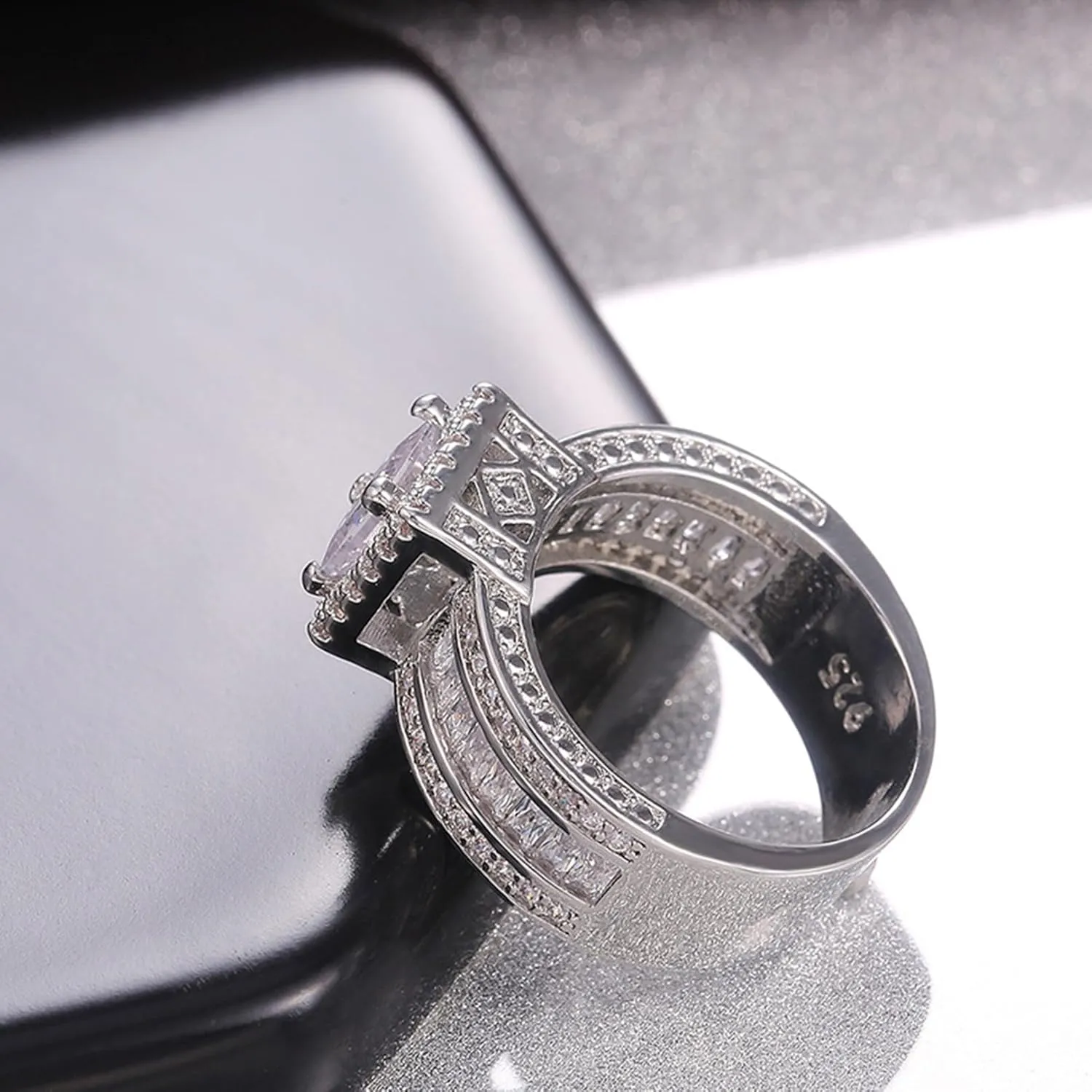 925 Sterling Silver Shiny Full Diamond Gemstone Ring Cubic Zirconia Rings CZ Diamond Multi Row Ring Eternity Engagement Wedding Band Ring for Women(5-11) silverB-7