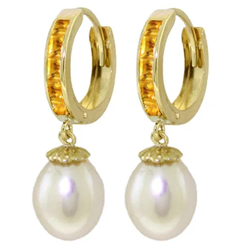 9.3 Carat 14K Solid White Gold Hoop Earrings Citrine Pearl