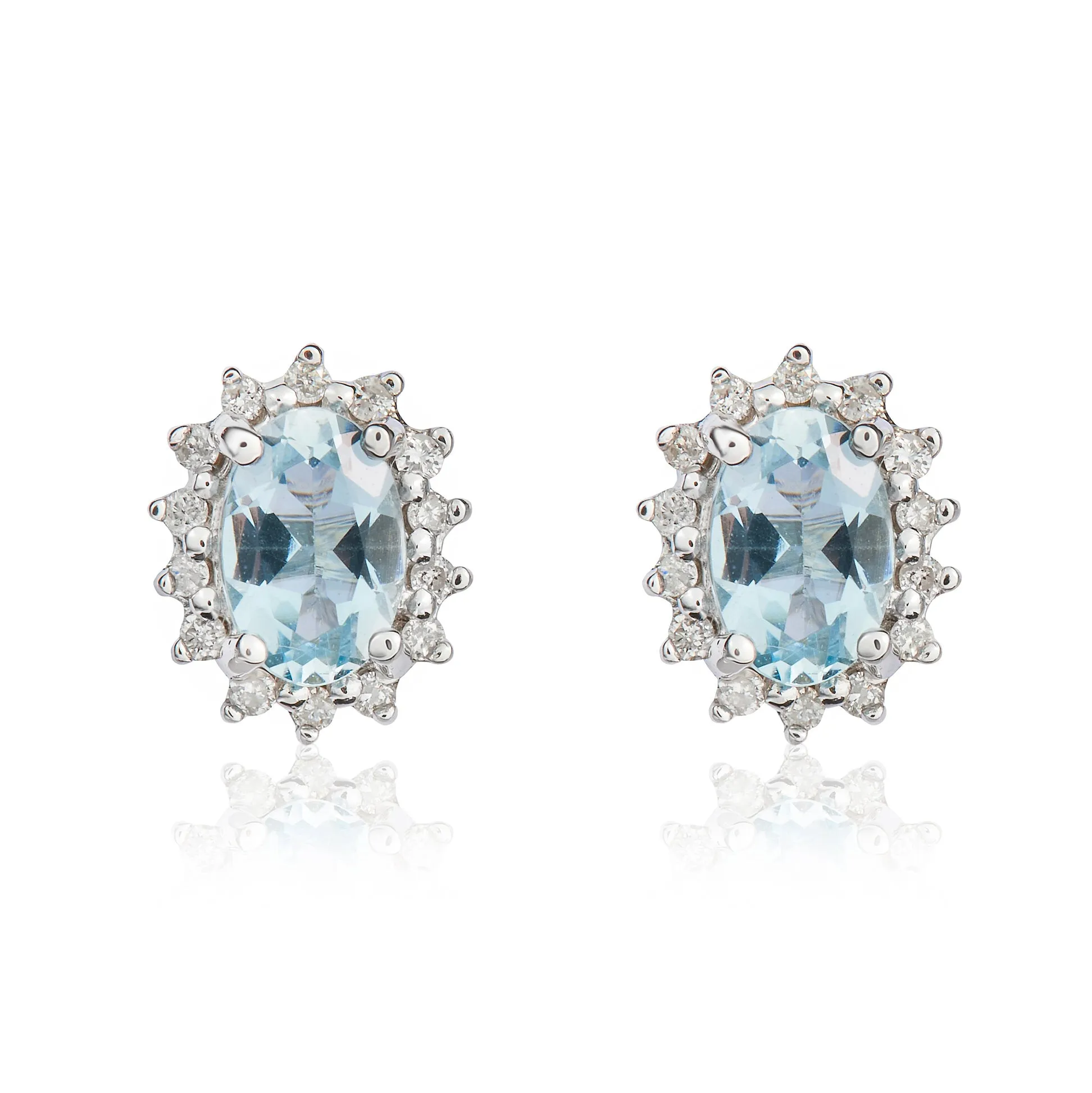 9K White Gold Oval Aquamarine & Diamond Halo Stud Earrings