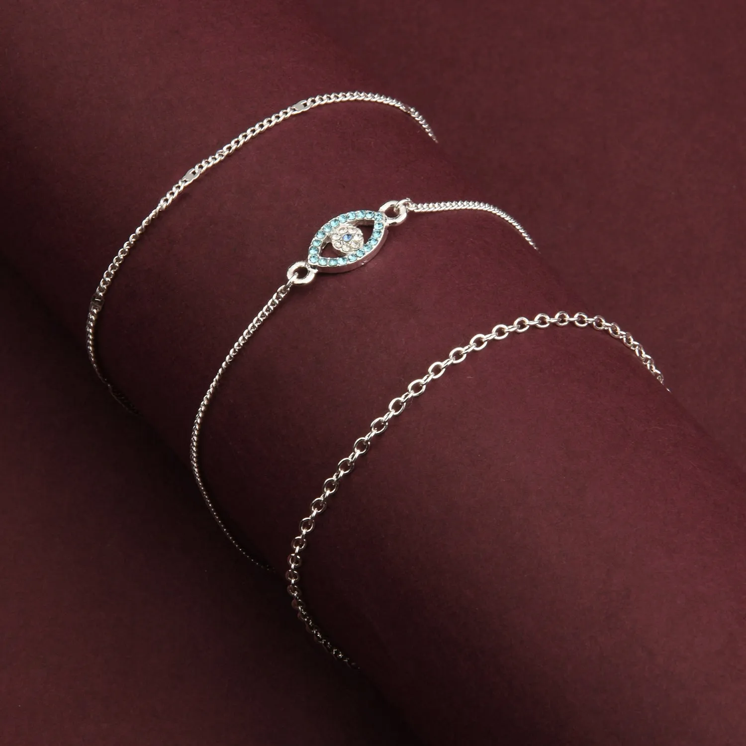 Accessorize London Women'S Silver Set Of 3 Evil Eye & Chain Anklet Pack