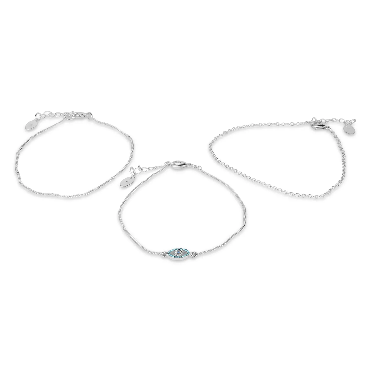 Accessorize London Women'S Silver Set Of 3 Evil Eye & Chain Anklet Pack
