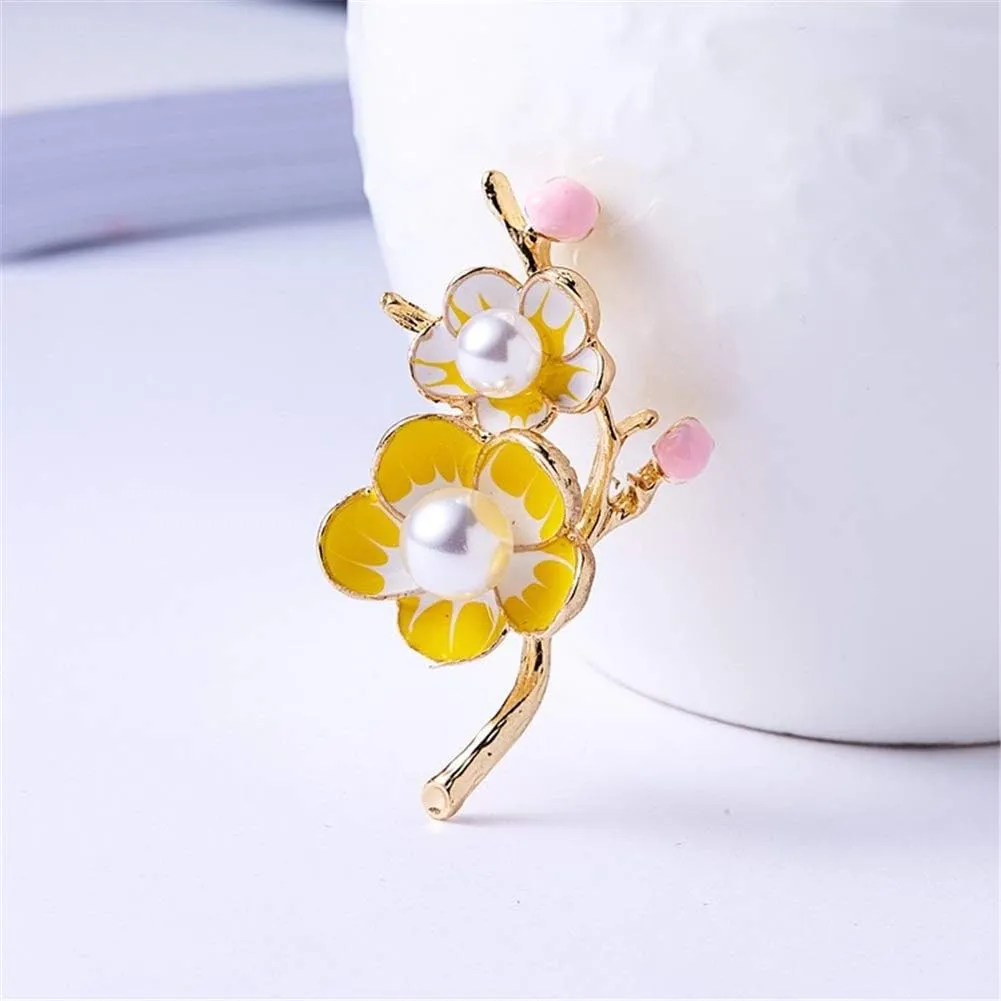 AILUOR Elegant Enamel Plum Blossom Flower Brooch Pin, Fashion Gold Plated Pearls Floral Brooch Lapel Pin for Women Bridal Wedding Corsage Jewelry Gifts