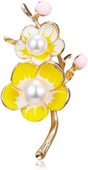 AILUOR Elegant Enamel Plum Blossom Flower Brooch Pin, Fashion Gold Plated Pearls Floral Brooch Lapel Pin for Women Bridal Wedding Corsage Jewelry Gifts