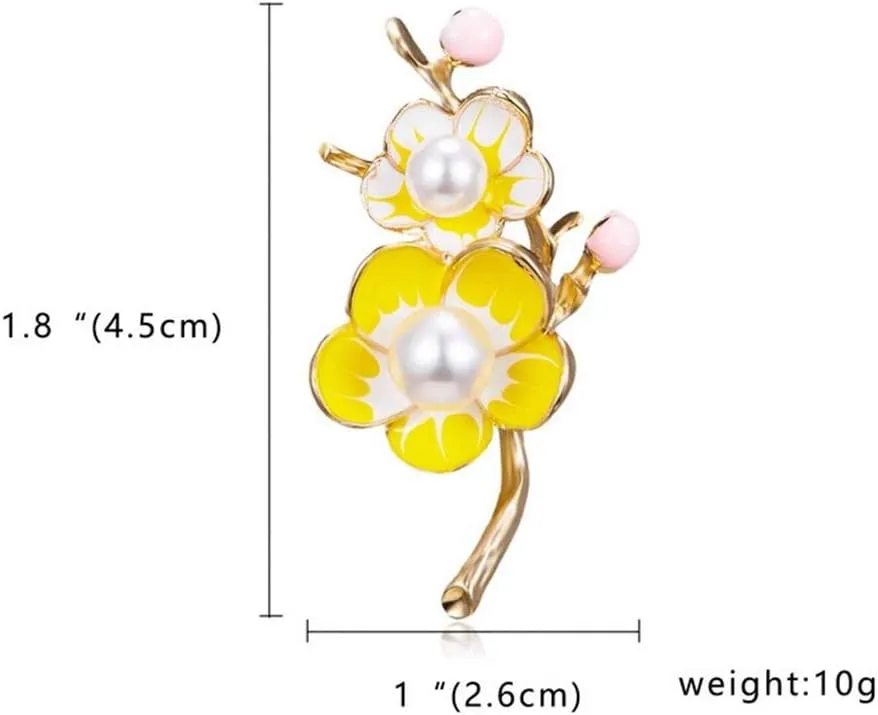 AILUOR Elegant Enamel Plum Blossom Flower Brooch Pin, Fashion Gold Plated Pearls Floral Brooch Lapel Pin for Women Bridal Wedding Corsage Jewelry Gifts