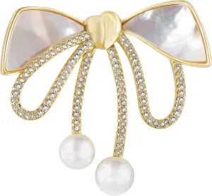 Alilang Cubic Zirconia Bridal Natural Seashell Bowknot Brooches Pins Crystal Rhinestones Vintage Women Accessory