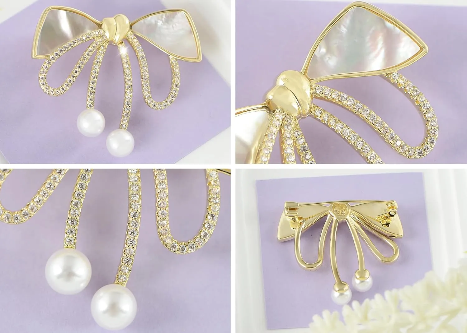 Alilang Cubic Zirconia Bridal Natural Seashell Bowknot Brooches Pins Crystal Rhinestones Vintage Women Accessory