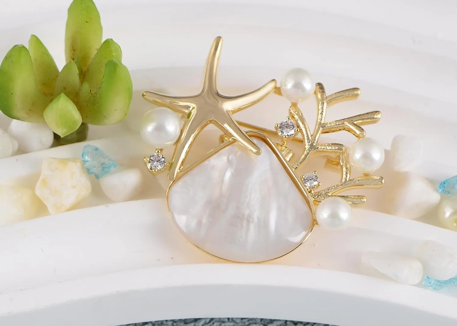 Alilang Elegant Zircon Gold Starfish Shell Pearl Brooch Pins For Ladies Inlay Sea Animal Jewelry Brooches
