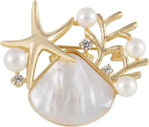 Alilang Elegant Zircon Gold Starfish Shell Pearl Brooch Pins For Ladies Inlay Sea Animal Jewelry Brooches