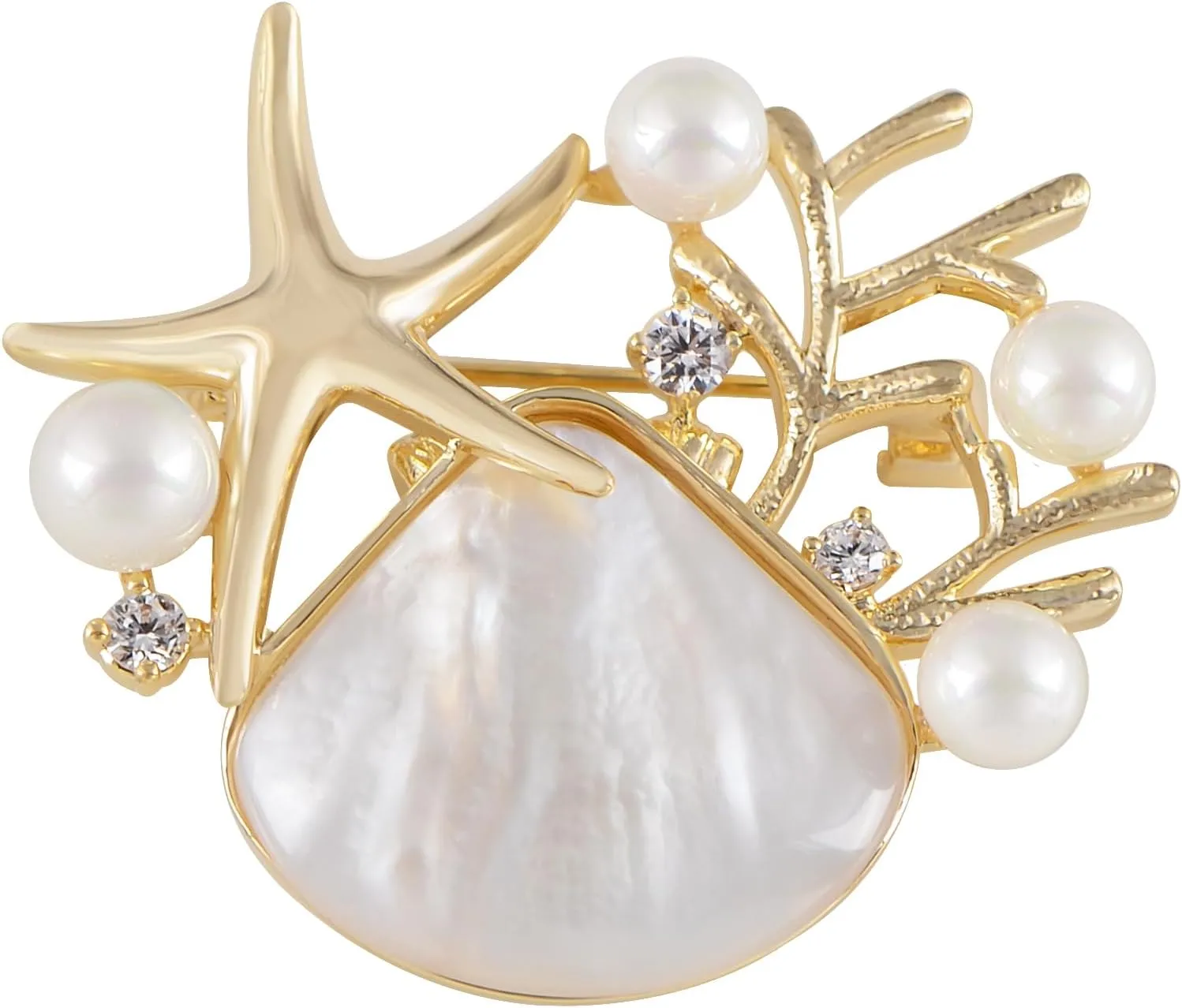 Alilang Elegant Zircon Gold Starfish Shell Pearl Brooch Pins For Ladies Inlay Sea Animal Jewelry Brooches