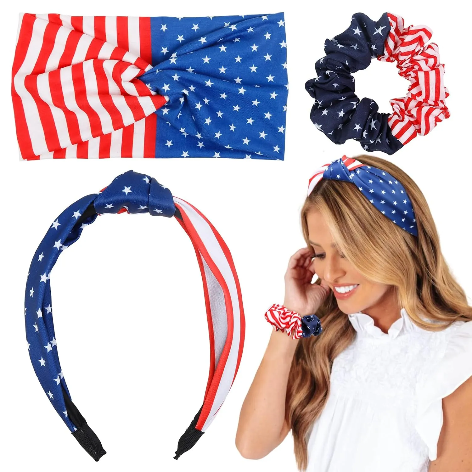 American Flag Headband Set - 3 Packs Patriotic Knotted Hair Ties and Scrunchies, Red, White and Blue for Women's Hair Accessories
