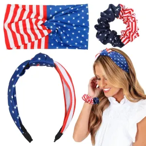 American Flag Headband Set - 3 Packs Patriotic Knotted Hair Ties and Scrunchies, Red, White and Blue for Women's Hair Accessories