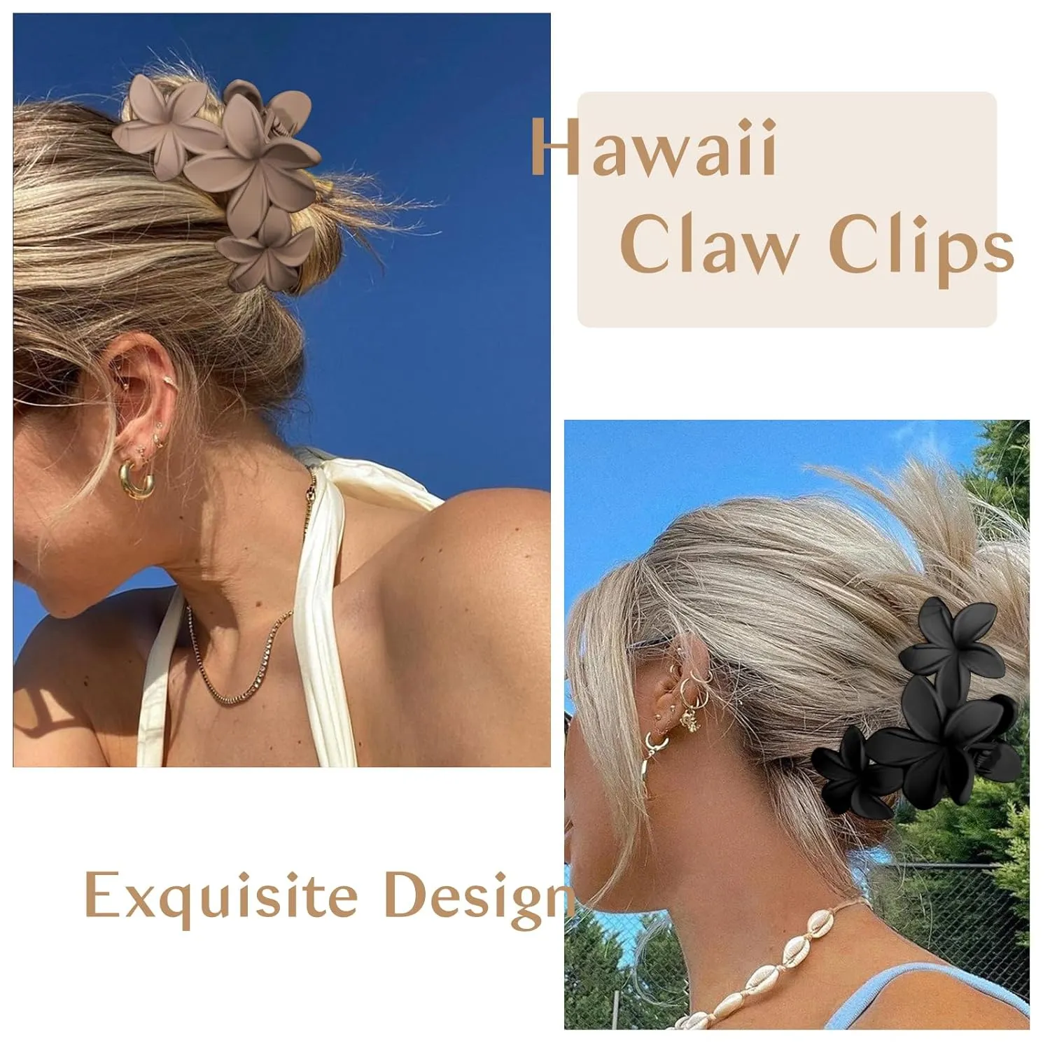 ANBALA 4PCS Hawaiian Plumeria Flower Hair Clips - Large Non-Slip Matte Claw Clips for Women, Strong Hold Beach Hair Accessories
