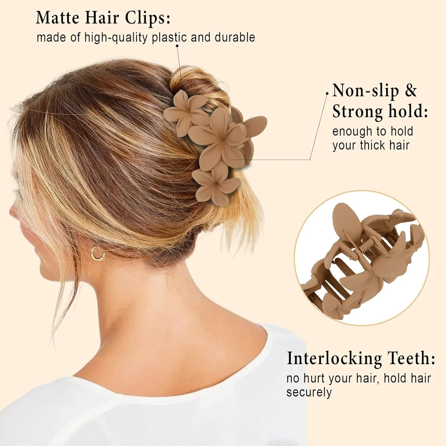 ANBALA 4PCS Hawaiian Plumeria Flower Hair Clips - Large Non-Slip Matte Claw Clips for Women, Strong Hold Beach Hair Accessories