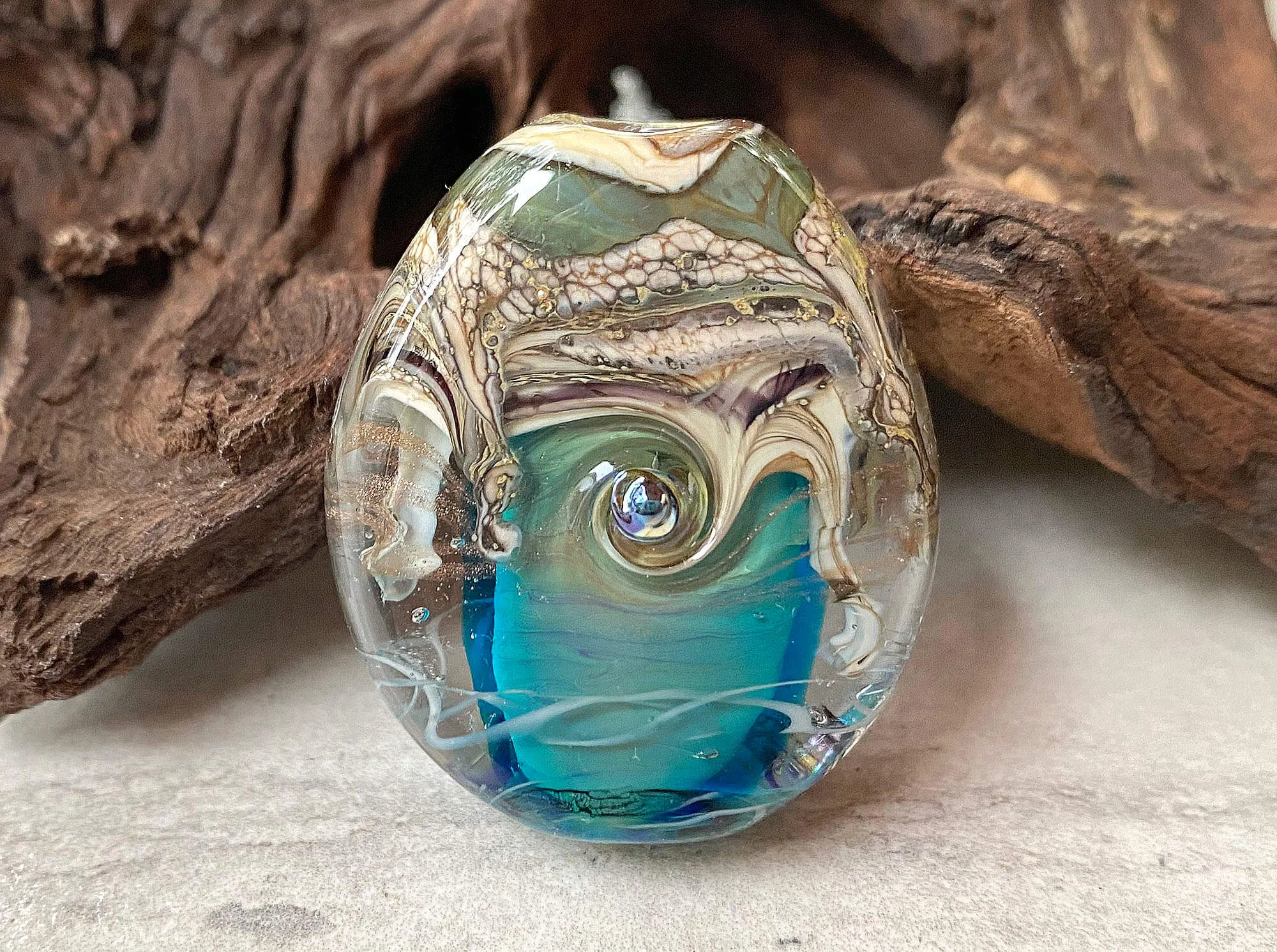 Aqua Blue Ivory Organic Lampwork Focal Bead SRA