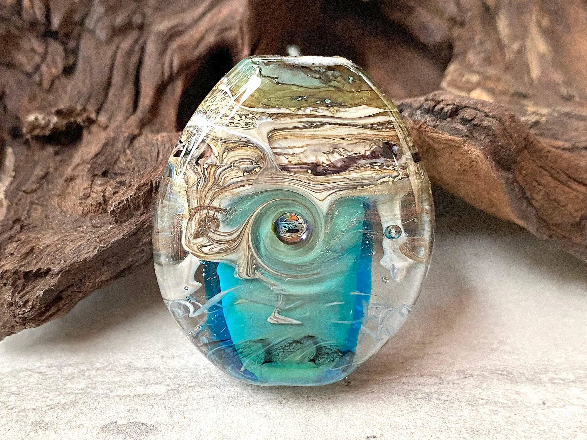 Aqua Blue Ivory Organic Lampwork Focal Bead SRA